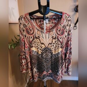Chico's Paisley & Animal Print Long Sleeve Top in Tan, Black & Red